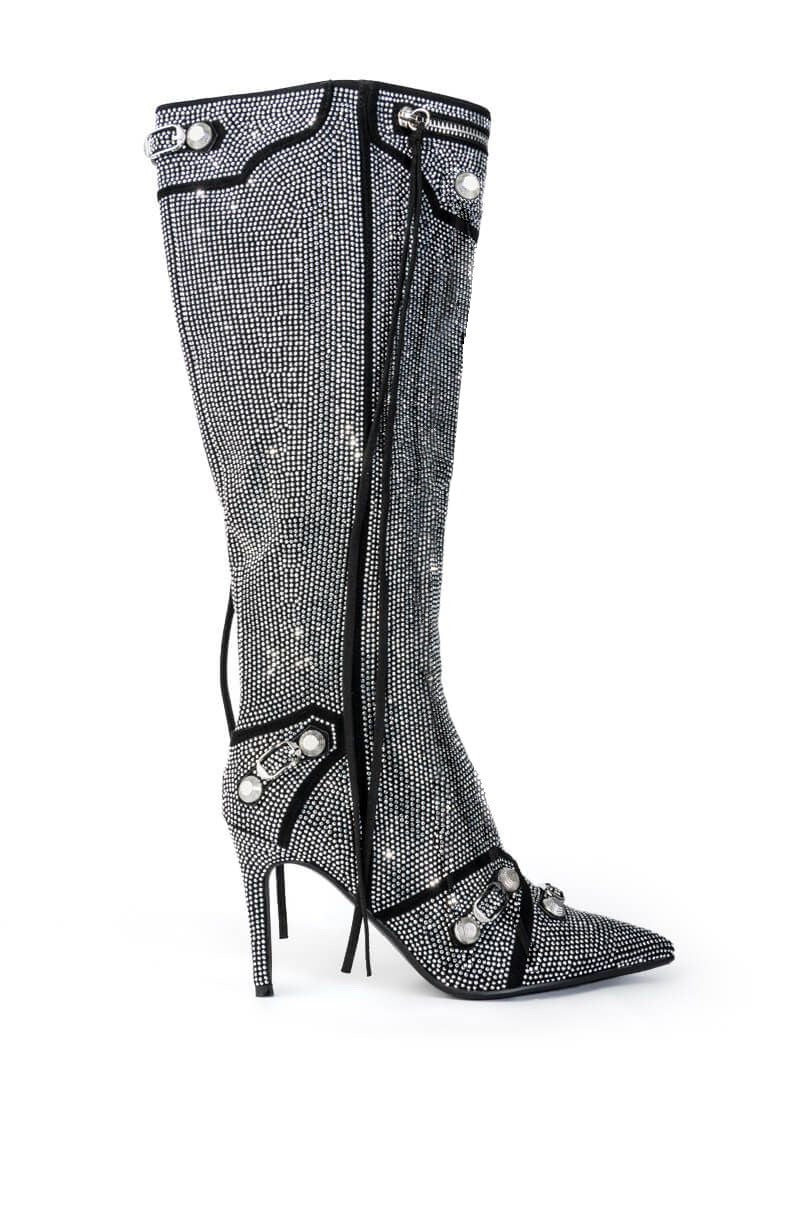 Woman Bling Crystal Knee-high Boots Sexy Pointed Toe Stiletto Tassel Boots