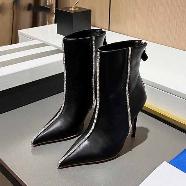 Royal Blue Suede Leather Ankle Boots Women's Rhinestone High Heels Elegant Pointed Toe Ladies Winter Dress Shoes Short Boots