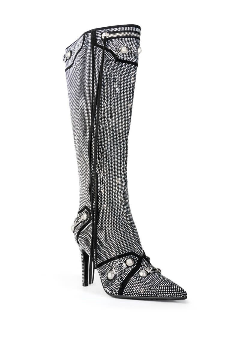 Woman Bling Crystal Knee-high Boots Sexy Pointed Toe Stiletto Tassel Boots