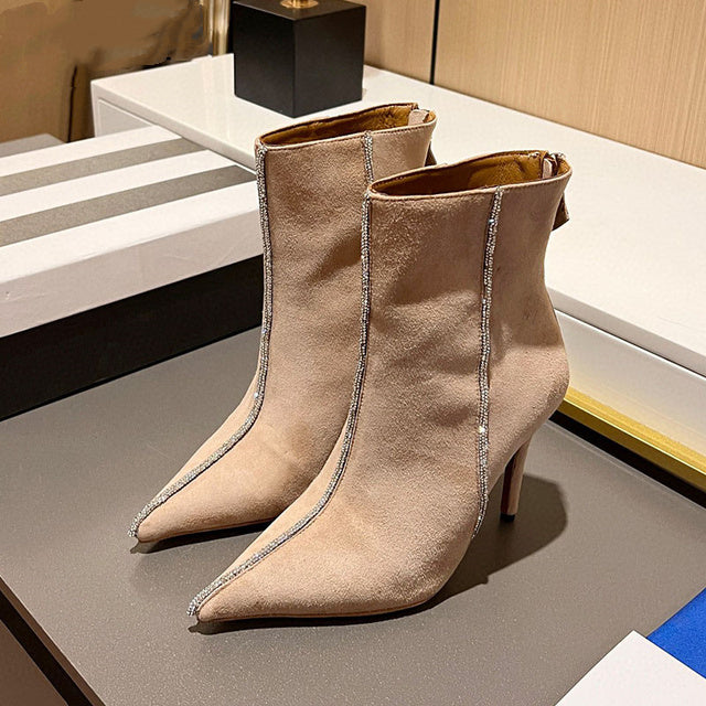 Royal Blue Suede Leather Ankle Boots Women's Rhinestone High Heels Elegant Pointed Toe Ladies Winter Dress Shoes Short Boots