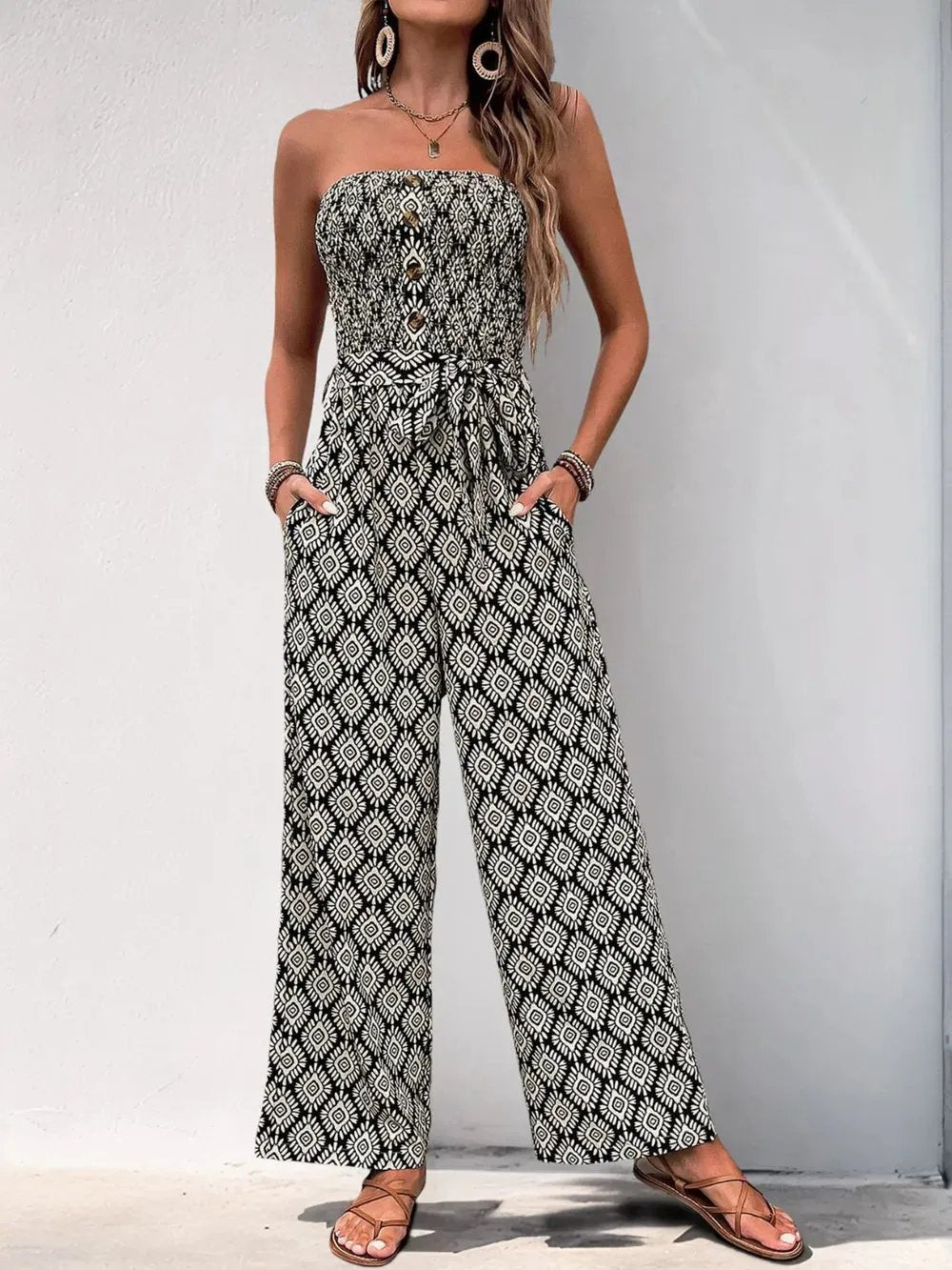 Printed Smocked Sleeveless Jumpsuit