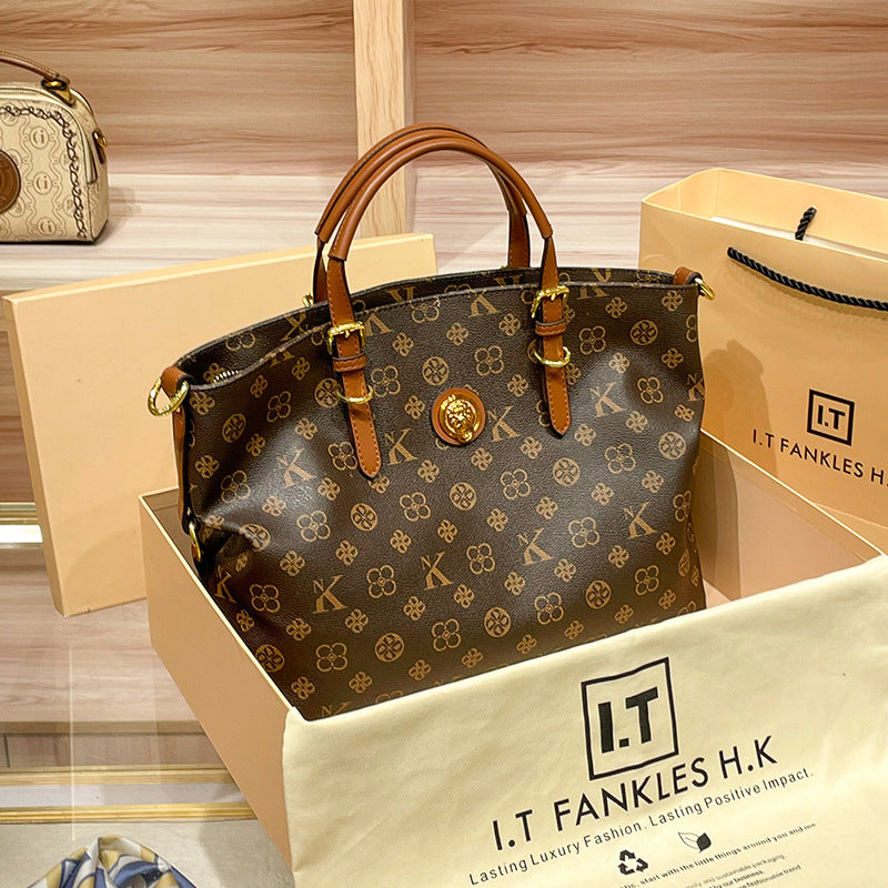 Large capacity shoulder bag, genuine leather hand-held, crossbody, or tote bag.