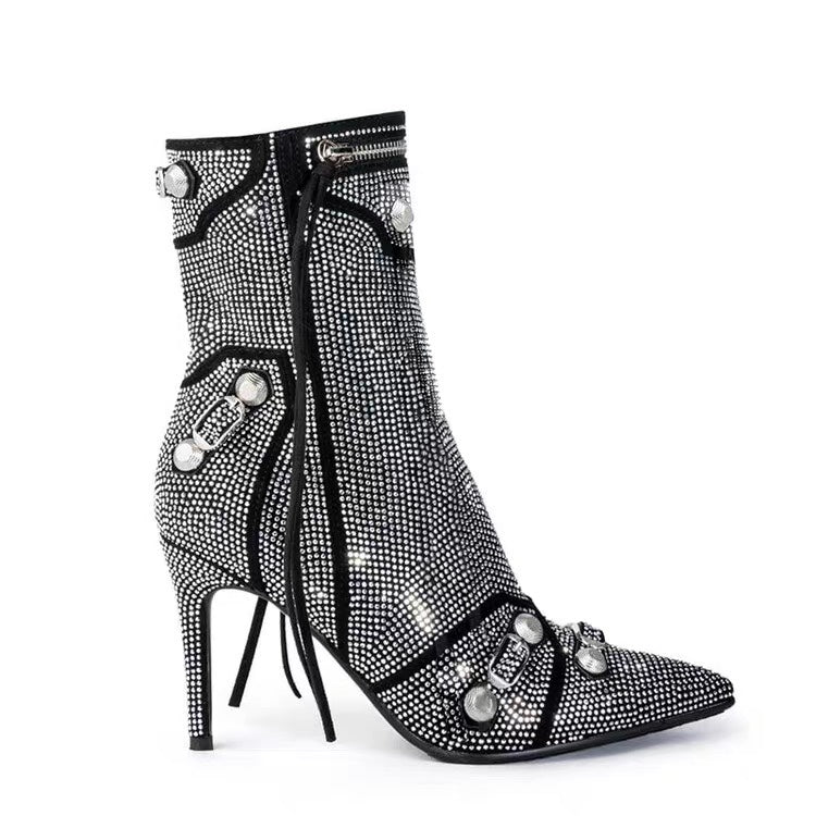 Woman Bling Crystal Knee-high Boots Sexy Pointed Toe Stiletto Tassel Boots