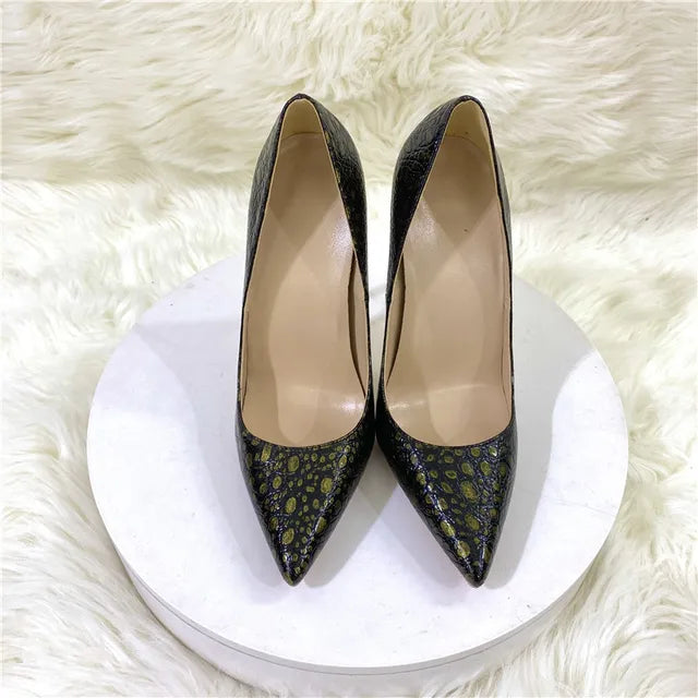 Brown Crocodile Effect Women Sexy Pointy Toe High Heel Party Shoes 12cm 10cm 8cm Slip On Stiletto Pumps Plus Size 45