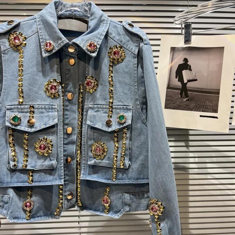 Women  Coat Bead Patchwork Color Matching Vintage Jeans Woman Vintage Leisure Blue Jaket Jeans Woman Fashion
