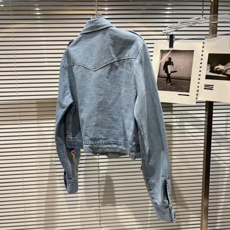 Women  Coat Bead Patchwork Color Matching Vintage Jeans Woman Vintage Leisure Blue Jaket Jeans Woman Fashion