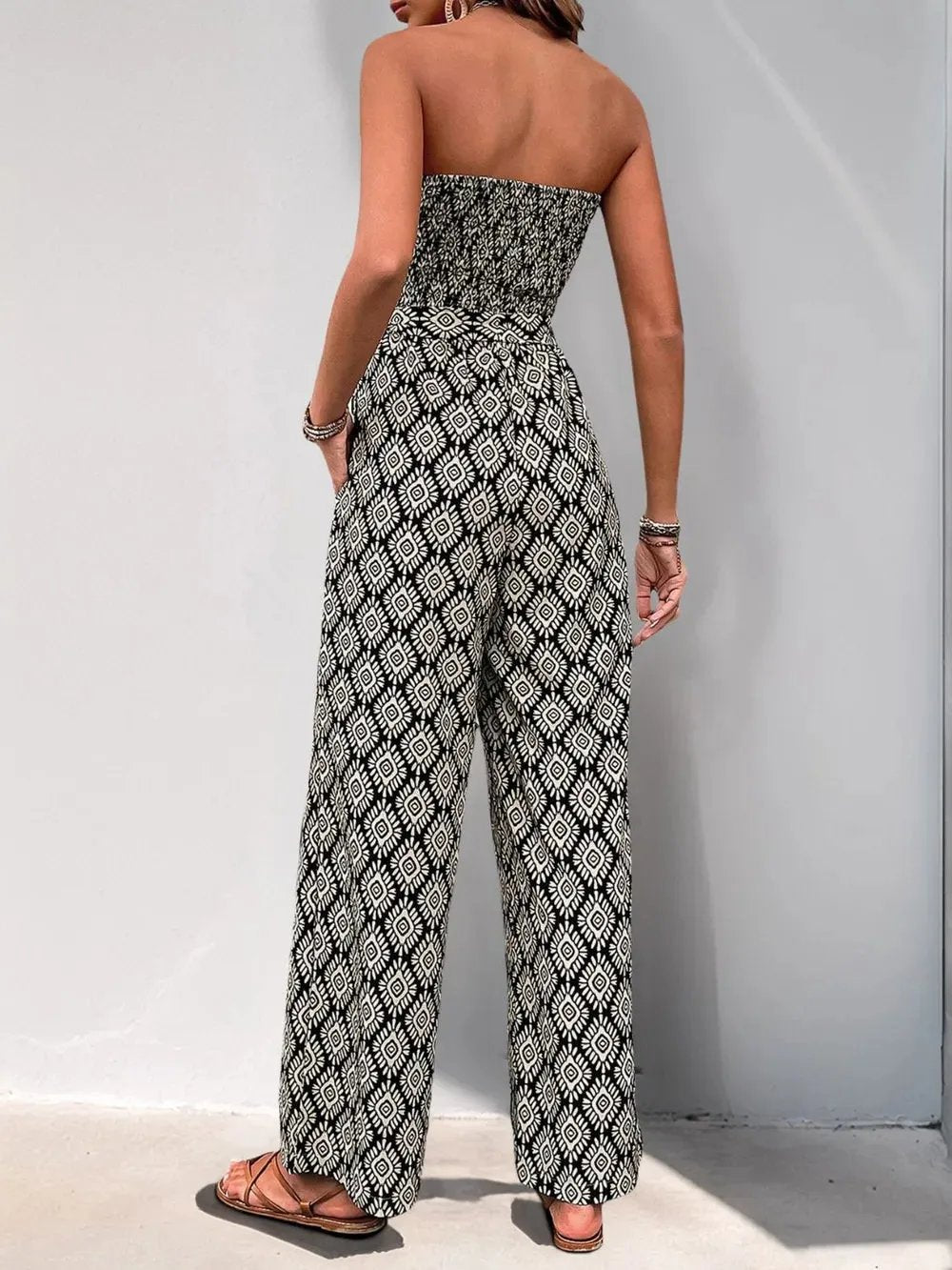 Printed Smocked Sleeveless Jumpsuit