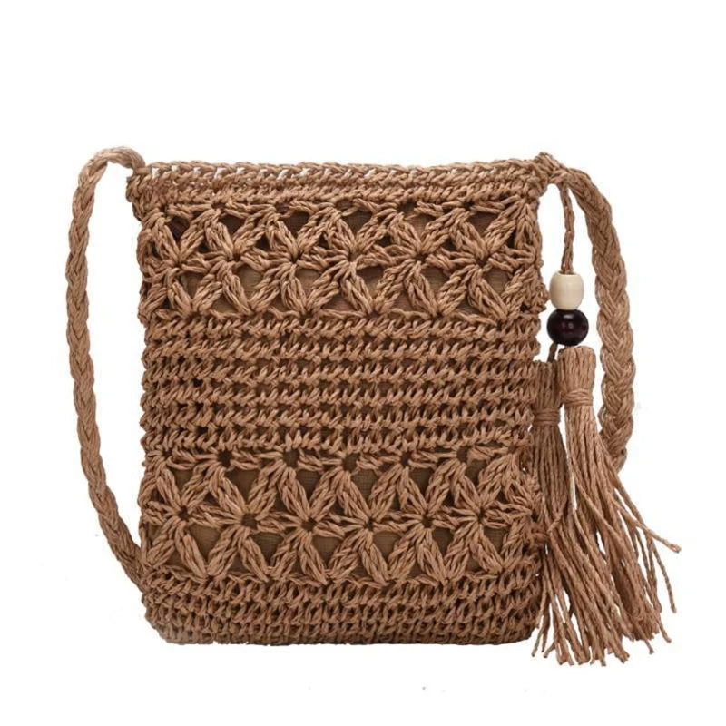 Women Beach Woven Straw Shoulder Messenger Bag with Tassel Boho Hollow Out Crochet Crossbody Handbag Macrame Clutch Purse with