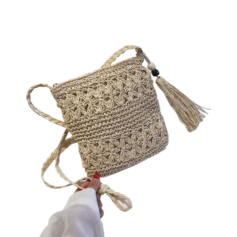 Women Beach Woven Straw Shoulder Messenger Bag with Tassel Boho Hollow Out Crochet Crossbody Handbag Macrame Clutch Purse with
