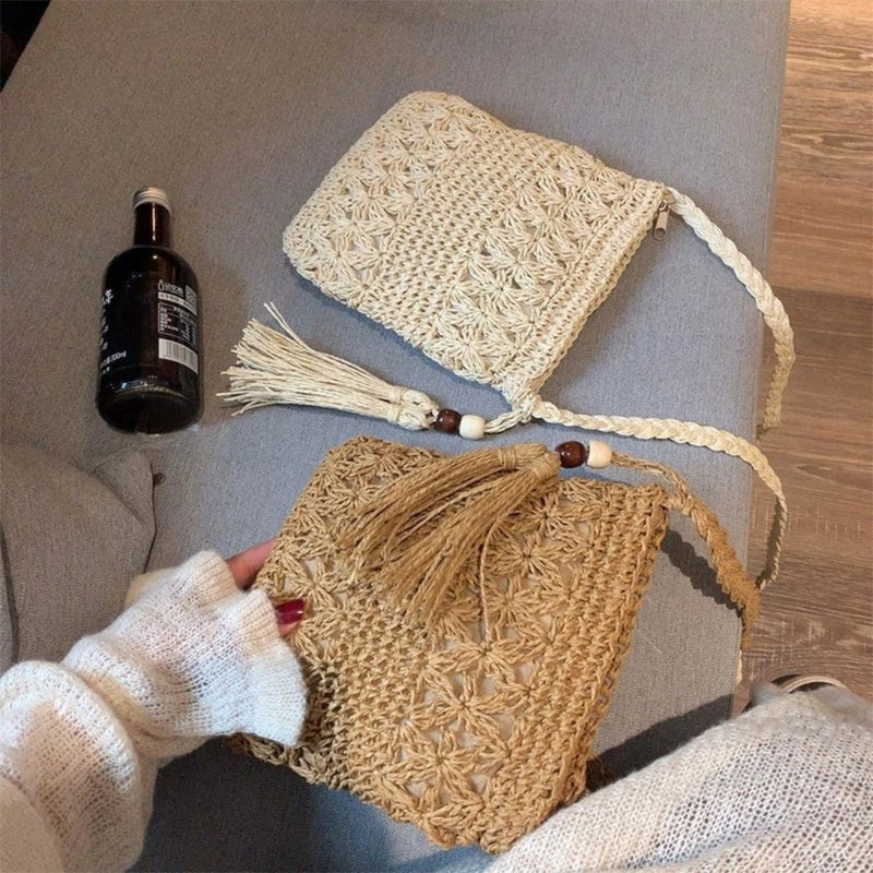 Women Beach Woven Straw Shoulder Messenger Bag with Tassel Boho Hollow Out Crochet Crossbody Handbag Macrame Clutch Purse with