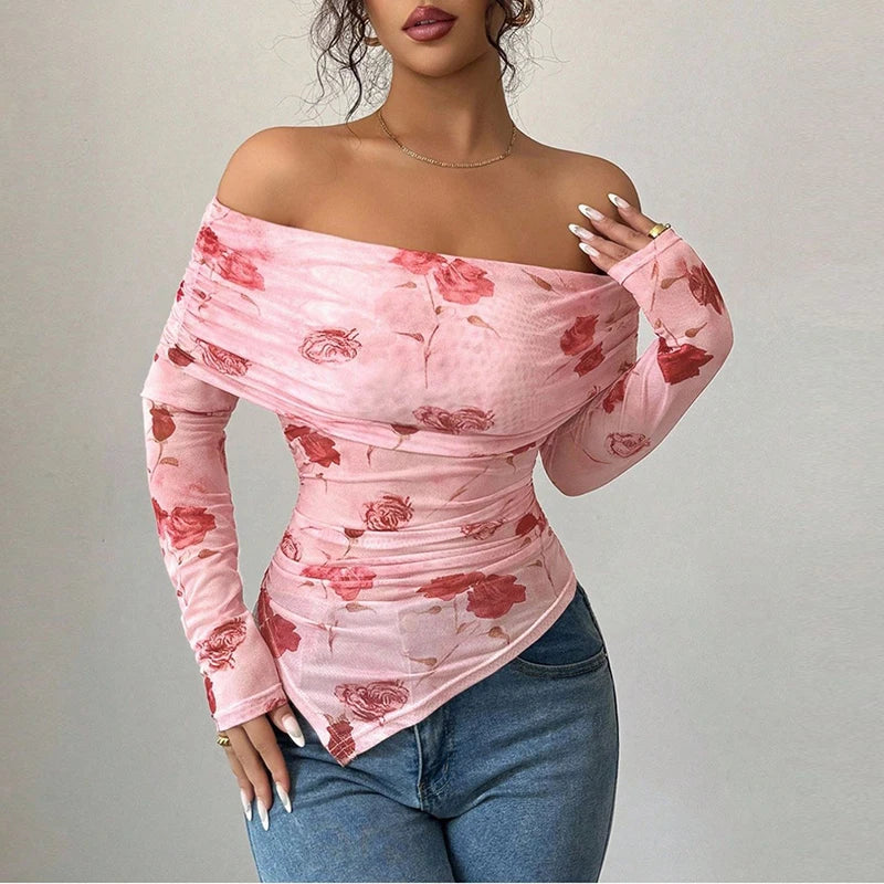 Sweet Personality Style Printed Off Shoulder Women Long Sleeve T-Shirts Female Sexy Irregular T Shirts For Women Slim Tee Tops