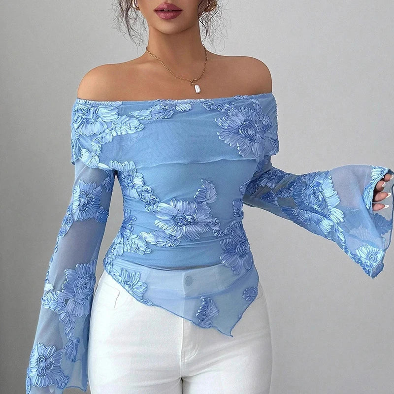 Sweet Personality Style Printed Off Shoulder Women Long Sleeve T-Shirts Female Sexy Irregular T Shirts For Women Slim Tee Tops