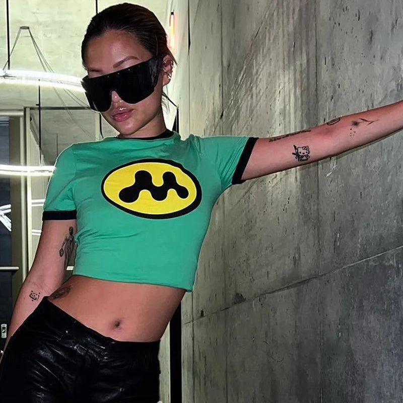 90s Vintage Gothic T-shirt Women Y2k Goth Graphic T Shirts O Neck Crop Tops Y2k Style Green Clothes Emo Girls Streetwear