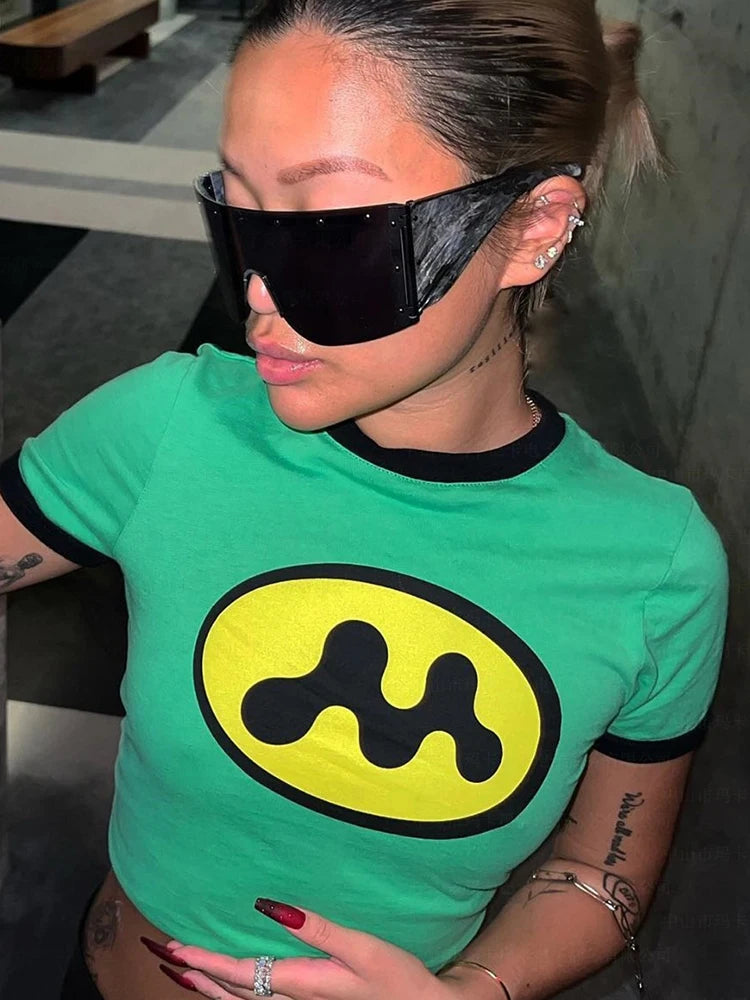90s Vintage Gothic T-shirt Women Y2k Goth Graphic T Shirts O Neck Crop Tops Y2k Style Green Clothes Emo Girls Streetwear