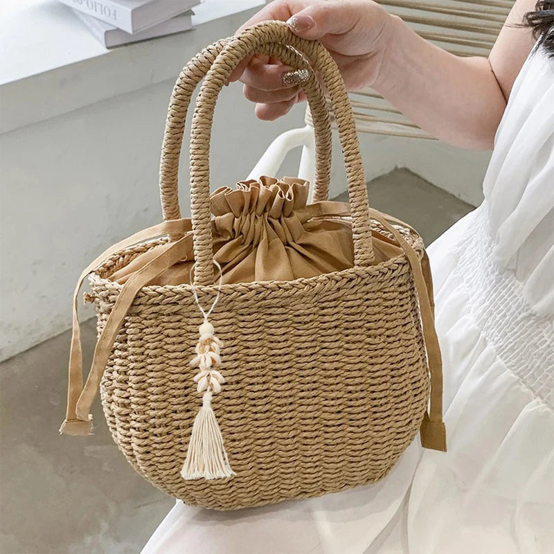 Women Summer Straw Rattan Woven Handbags Small Clutch Retro Ladies Basket Beach Bag Vacation Travel Shopping Totes Purse Bolsos