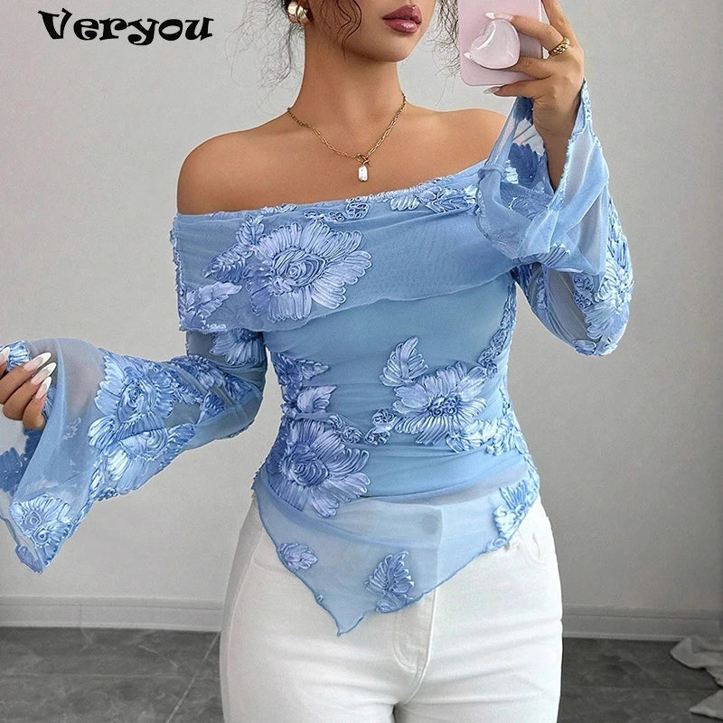 Sweet Personality Style Printed Off Shoulder Women Long Sleeve T-Shirts Female Sexy Irregular T Shirts For Women Slim Tee Tops