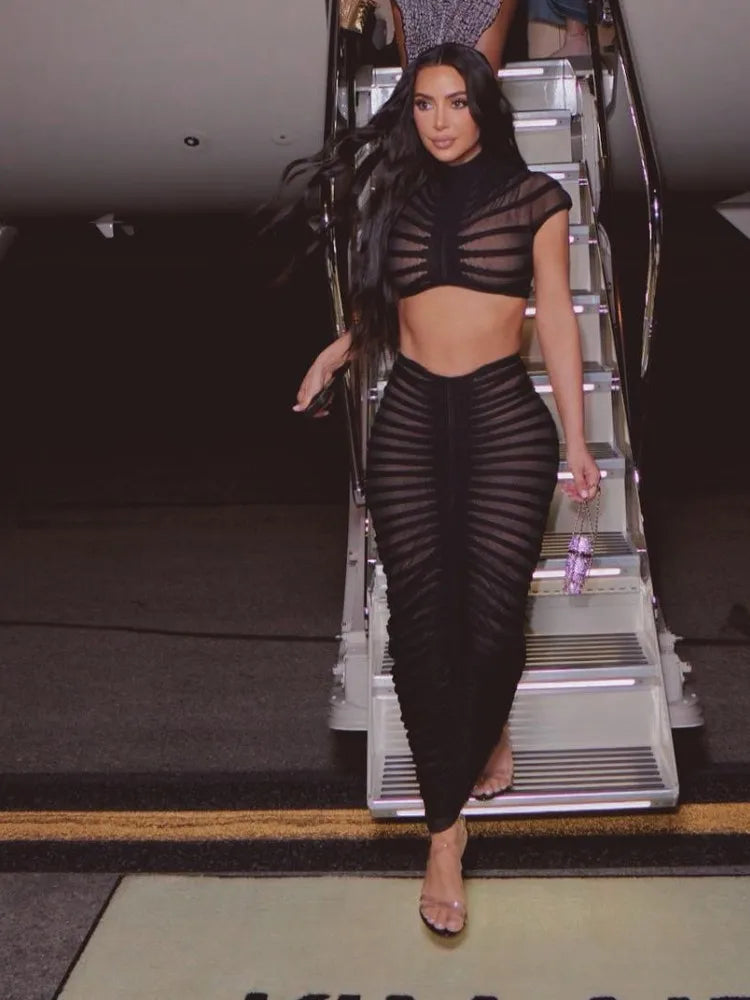 JRRY Sexy Women Knitted Set Crop Top Long Skirt Crochet Two Pieces Set Hollow Out Crocheted Beach Dress Set Cover Ups