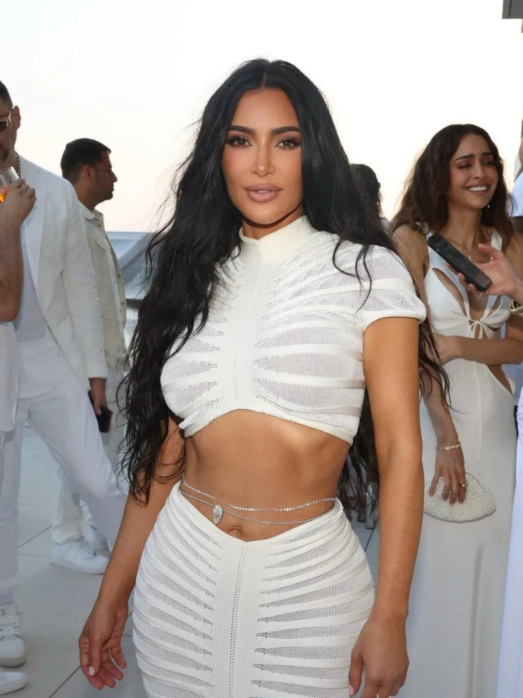 JRRY Sexy Women Knitted Set Crop Top Long Skirt Crochet Two Pieces Set Hollow Out Crocheted Beach Dress Set Cover Ups