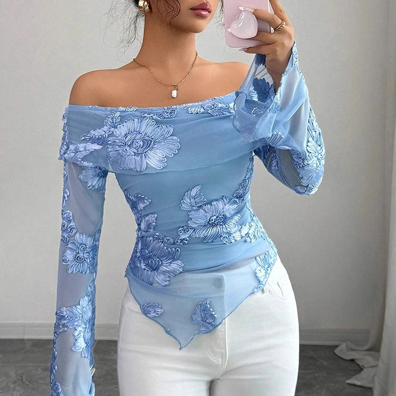 Sweet Personality Style Printed Off Shoulder Women Long Sleeve T-Shirts Female Sexy Irregular T Shirts For Women Slim Tee Tops