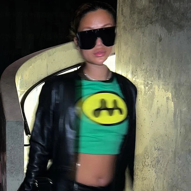 90s Vintage Gothic T-shirt Women Y2k Goth Graphic T Shirts O Neck Crop Tops Y2k Style Green Clothes Emo Girls Streetwear