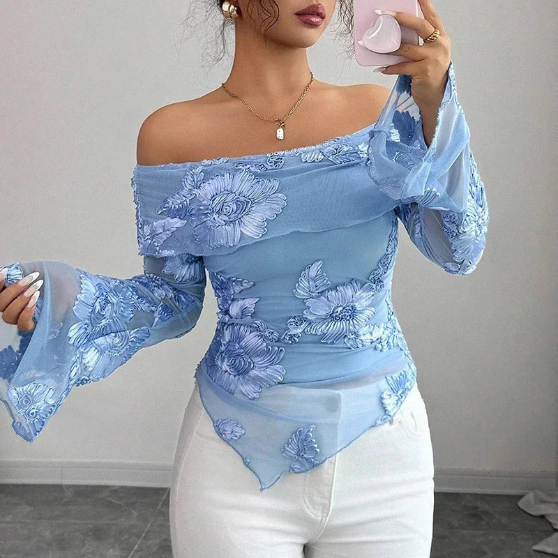 Sweet Personality Style Printed Off Shoulder Women Long Sleeve T-Shirts Female Sexy Irregular T Shirts For Women Slim Tee Tops