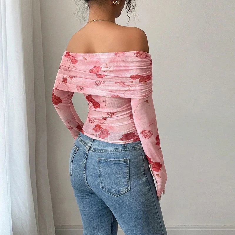 Sweet Personality Style Printed Off Shoulder Women Long Sleeve T-Shirts Female Sexy Irregular T Shirts For Women Slim Tee Tops